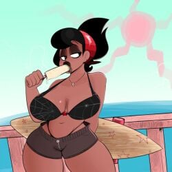 background big_breasts black_makeup boardwalk breasts lips ota_(artist) popsicle red_hairband sucking summer sun surfboard tishya_(ota)