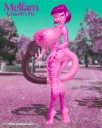 2002 alien ambiguous_gender anthro big_breasts breasts doug_winger female genitals hooves humanoid humanoid_pointy_ears long_tail markings multi_nipple nipples penis pink_body pointy_ears solo stripes tail