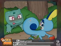 2021 4:3 absurd_res blush bodily_fluids bulbasaur duo female food forest fruit genital_fluids genitals hi_res interspecies leakyroot nintendo outside plant pokémon_(species) pokemon pokephilia pussy sobble spread_pussy spreading tree video_games vines