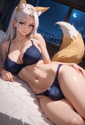 ai_generated bed bedroom big_ass big_breasts big_penis blue_eyes bra bulge city_background civitai fair_skin fox_ears fox_tail lingerie lingerie_only looking_at_viewer lying_on_side navel night panties white_hair wide_hips