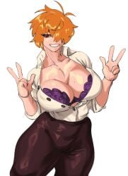 1girl 1girls aunt aunt_hellen_(insouwu) big_breasts boobs bra breasts buttons catastropart earring earrings female female_focus female_only hair_over_one_eye legs lingerie lingerie_bra messy_hair milf mole mole_on_breast nipples_visible_through_clothing oc orange_hair original_character pants peace_sign pose posing posing_for_the_viewer purple_bra purple_lingerie red_eyes shirt shirt_open short_hair smile thick thick_hips thick_thighs thigh_highs thighhighs thighs tight_pants uniform white_body white_skin work_uniform