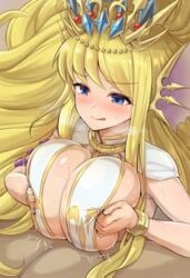 blonde_hair blue_eyes breast_grab breast_hold breast_press breast_squeeze breasts crown engulfing_paizuri huge_breasts jewelry kamihime_project kamihime_project_r large_breasts licking_lips nero_(kamihime) noumu_(pixiv) paizuri paizuri_under_clothes prison_of_ice_disaster sex sweat tongue unseen_male_face