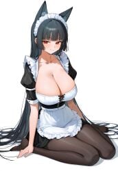 animal_ear_fluff animal_ears black_hair breasts busty cleavage hoshimi_miyabi large_breasts maid maid_headdress maid_outfit maid_uniform red_eyes zenless_zone_zero