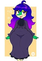 absurd_res ai_generated anthro blush bubble clothing female generation_5_pokemon green_body hair hellsonger hi_res looking_at_viewer nintendo open_mouth pokemon pokemon_(species) purple_eyes purple_hair simple_background slightly_chubby smile snex_maniac snivy solo substance_intoxication thick_thighs wide_hips