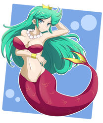 1girls absurdres bare_shoulders bikini bikini_top blue_eyes breasts bubble clam_curry cleavage crown eyelashes female female_focus female_only green_hair highres jewelry jpeg large_breasts mad_(wario's_woods) mario_(series) mermaid monster_girl navel necklace nintendo pearl_necklace purple_tail smile solo swimsuit wario's_woods wario_(series)