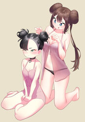 2girls absurdres asymmetrical_bangs babydoll bangs bare_legs bare_shoulders barefoot behind_another beige_background black_hair black_panties blue_eyes blush breasts brown_hair choker cleavage clenched_hands closed_mouth commentary commentary_request creatures_(company) double_bun dress english_commentary female_only full_body game_freak green_eyes hairdressing highres kneeling korean_commentary large_breasts lingerie marnie_(pokemon) mixed-language_commentary navel negligee nintendo one_eye_closed panties pendant_choker pink_dress pokemon pokemon_(game) pokemon_bw2 pokemon_ss rosa_(pokemon) short_dress sidelocks simple_background sitting sleepwear small_breasts tongue tongue_out twintails underwear vuhh2574 yokozuwari