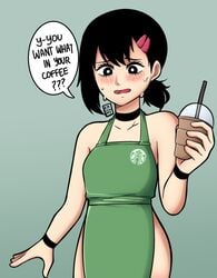 1girls 2021 apron apron_only barista black_eyes black_hair chainsaw_man clothing coffee cute dialogue english_text eyelashes fast_food female female_only green_apron higashiyama_kobeni iced_latte_with_breast_milk kermittend meme naked_apron neckwear outerwear starbucks sweat text text_bubble uniform watermark worried wristwear