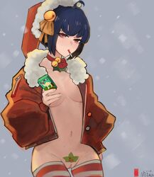 1girls 2018 alternate_version_available bell_collar casual_exposure choker christmas christmas_outfit cigarette cleavage female female_only ghost_in_the_shell jacket kusanagi_motoko medium_breasts naked_jacket nooramormaan nude open_clothes open_jacket pussy santa_hat short_hair smoking solo standing thighhighs