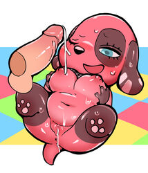 after_sex animal_crossing anthro anus balls black_nose blue_eyes bodily_fluids breast_grab breasts canid canine canis cherry_(animal_crossing) cum cum_in_pussy cum_inside disembodied_penis domestic_dog duo erection eyelashes female floppy_ears genital_fluids genitals glans hand_on_breast hi_res humanoid_genitalia humanoid_penis male mammal navel nintendo nipples one_eye_closed open_mouth overweight pawpads penis perineum pink_pawpads pussy slightly_chubby solo_focus sweat uyu video_games x_anus