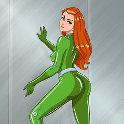 1:1_aspect_ratio absurd_res arched_back arm_support ass bodysuit breasts clothing erect_nipples female female_only figgylicious fully_clothed green_eyes high_resolution large_filesize leaning light-skinned light-skinned_female light_skin long_hair looking_back nipples red_hair sam_(totally_spies) shiny shiny_clothes sideboob skin_tight tight_clothing totally_spies very_high_resolution