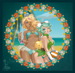 2girls alternate_skin_color artist_request blonde_hair breasts crown dark-skinned_female dark_skin female female_focus female_only holding_object luma mario_(series) multiple_girls nintendo pinka princess_rosalina queen_merelda short_hair super_mario_galaxy swimsuit wario_(series) wario_land wario_land:_shake_it!