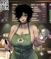 apron barista big_breasts breasts busty clothing fast_food female female_focus female_only goth hourglass_figure iced_latte_with_breast_milk interspecies large_breasts meme neckwear nude_apron outerwear ryulem sideboob tagme uniform waitress waitress_uniform wide_hips