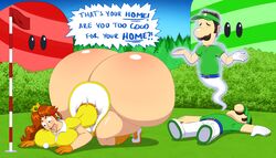 angry ass ass_bigger_than_head ass_focus belt big_ass big_breasts blue_eyes bottomless breast brown_hair cleavage closed_eyes crown dead death elek-tronikz english_text female female_only flagpole ghost gloves hyper hyper_ass large_ass large_breasts long_hair luigi male_death mario_(series) mario_golf nintendo on_all_fours princess_daisy short_hair short_skirt skirt text thick_thighs thighs topwear visor_cap