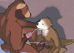 anthro anthro_on_anthro balls black_nose bodily_fluids brown_balls brown_body brown_fur bucklebunny chest_tuft claws digital_media_(artwork) drinking drinking_urine duo erection eyebrows feet foot_fetish foot_play footjob fur genital_fluids genital_piercing genitals glans golden_shower half-closed_eyes holding_penis humanoid_genitalia humanoid_penis kneeling lutrine male male/male mammal mustelid narrowed_eyes nipples nude open_mouth peeing penile penis penis_piercing piercing pink_penis prince_albert_piercing sex shaded toe_claws toes tongue tuft urine urine_in_mouth urine_stream ursid watersports