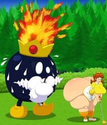 ass blue_eyes bob-omb bomb breast brown_hair crown elek-tronikz female fire gloves golf golf_ball golf_club hyper hyper_ass king king_bob-omb large_ass large_breasts long_hair male mario_(series) mario_golf moustache nintendo pine_tree princess princess_daisy short_skirt skirt socks sweating sweating_profusely thick_thighs thighs tongue_out