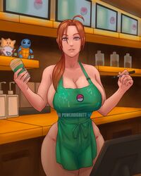 alternate_breast_size apron big_breasts breasts busty delia_ketchum_(pokemon) female female_focus female_only hourglass_figure iced_latte_with_breast_milk large_breasts meme milf nude_apron pokemon powerbigbutt sideboob tagme waitress waitress_uniform wide_hips