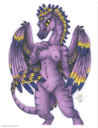 2021 anthro breasts claws dragon feathered_dragon feathered_wings feathers female lissalian michele_light navel nipples nude pupils purple_body simple_background slit_pupils solo white_background wings yellow_eyes