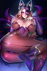 1girls ahri alternate_costume ass badcompzero big_ass big_breasts black_hair blonde_hair breasts butt coven_ahri dat_ass eclipse_series female female_only large_breasts league_of_legends on_side petite riot_games seductive_look solo two_tone_hair