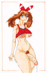 areolae big_areola big_nipples big_penis blue_eyes blush cum dripping_cum futa_only futanari greatanteka hair_ribbon looking_at_viewer may_(pokemon) may_(pokemon_oras) pokemon pokemon_oras pubic_hair puffy_nipples simple_background veiny_penis