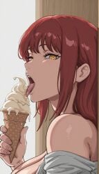1girls ai_generated big_breasts chainsaw_man curvy curvy_body curvy_female curvy_figure female female_only huge_breasts ice_cream large_breasts licking light-skinned_female light_skin long_hair looking_at_viewer makima_(chainsaw_man) mature_female open_mouth red_hair ringed_eyes seductive seductive_look shiny shiny_skin side_view solo solo_female tongue tongue_kiss yellow_eyes