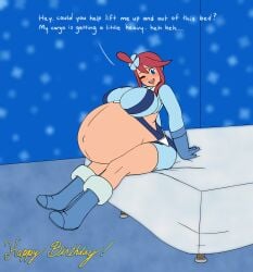 bed bedroom exposed_pregnant_belly female gym_leader latina leaking_milk pink_hair pokemon pokemon_bw pregnant pregnant_belly pregnant_female skyla_(pokemon) solo solo_female solo_focus super_belly talking_to_viewer text text_bubble winking winking_at_viewer