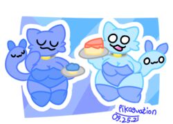 2021 2girls big_breasts blue blue_cake breasts bunnysuit cake carrying_object cat_ears cat_humanoid cat_tail collar colored_lineart cupcake digital_media_(artwork) feline food furry furry_only mouth_closed no_shading open_mouth orange_cake owo pikaguation plate purple questionable simple_background simple_drawing simple_eyes simple_face thick_thighs thigh uwu