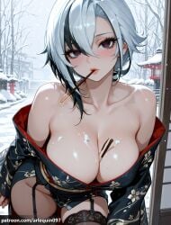 1girl ai_generated arlecchino_(genshin_impact) arlequin097 bare_shoulders bare_tree between_breasts black_eyes black_garter_belt black_hair black_kimono black_thighhighs blush breasts cleavage collarbone food food_in_mouth food_on_body garter_belt garter_straps genshin_impact grey_hair hair_between_eyes indoors japanese_clothes kimono large_breasts leaning_forward lips long_sleeves looking_at_viewer mihoyo mouth_hold multicolored_hair no_panties obi off_shoulder outdoors pocky pocky_in_mouth sash short_hair snow snowing solo streaked_hair symbol-shaped_pupils thighhighs thighs tree two-tone_hair white_hair x-shaped_pupils