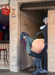 1boy 1girls alley alleyway_milf_(meme) ass bent_over big_ass black_hair buttjob buttjob_over_clothes clothing cropped_jacket erection erection_under_clothes fat_ass female grey_hair hot_dogging huge_ass jacket jane_doe_(zenless_zone_zero) large_ass looking_at_partner looking_back male massive_ass meme rat_girl sebs_i_art shorts shorts_down tail tail_wrap thick_ass thick_thighs thunder_thighs wide_hips wise_(zenless_zone_zero) zenless_zone_zero