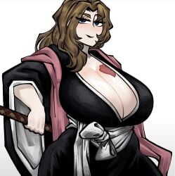 barely_contained_breasts big_breasts bleach bleach:_the_thousand-year_blood_war breasts_out brown_hair busty busty_female cleavage cleavage_overflow cosplay crossover curly_hair curves curvy curvy_female eclipseecliptus hourglass_figure kimono limbus_company long_hair looking_at_viewer matsumoto_rangiku_(cosplay) project_moon rodion_(limbus_company) solo_female solo_focus sword sword_on_back tattoo_on_breast wide_hips