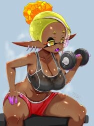 big_ass big_breasts cleavage frye_(splatoon) heavy_breathing lifting shorts splatoon splatoon_(series) splatoon_3 sweat t2ukmyjm workout workout_clothes yellow_hair