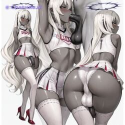 1girl 2_tails ai_assisted ai_generated arched_back aroused_face big_balls blushing bows cheerleader_outfit cock_ring crop_top cumming cute_face dark_skin deepthroat erect_cock eye_shadow fat_ass femboy flat_chest gay grey_skin hard_cock highres large_cock masturbating masturbation micro_skirt mini_skirt nikke orgasm overwhelming_pleasure white_hair yellow_eyes