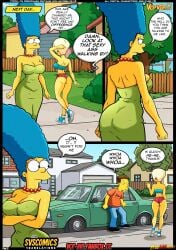 angry angry_expression angry_face blue_hair cleavage clothed clothing crossed_arms green_dress high_heels marge_simpson milf outdoors outside short_shorts svscomics the_simpsons vercomicsporno yellow_body yellow_skin