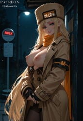 1girl ai_generated artist_name black_gloves black_pantyhose blonde_female blonde_hair blue_eyes breasts breasts_out brown_coat brown_headwear bus_stop clothing coat exhibitionism female fingerless_gloves fur_hat gloves guilty_gear guilty_gear_strive hat headwear lamppost large_breasts long_hair long_sleeves looking_at_viewer millia_rage night nipples open_clothes orange_scarf outdoors own_hands_together pantyhose parted_lips public_indecency scarf sign smile solo ushanka vantawaifu very_long_hair