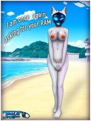 2021 absurd_res anthro areola beach biped breasts cloud dialogue digital_media_(artwork) english_text feet female genitals hi_res humanoid_feet jana's_lab jana_(jana's_lab) machine navel nipple_piercing nipples nude orange_nipples outside piercing protogen pussy seaside sky solo standing text visor