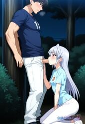 1girl ai_assisted ai_generated anime big_butt blowjob blue_shirt blush clothed clothing couple deep_throat fellatio female from_side girl girly green_eyes kneeling long_hair night oral outdoors red_eye reinforce short_hair single_hair_intake small_breasts spreading_legs squating sucking_penis white_hair white_leggings whore younger_female