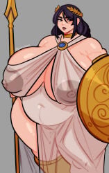 athena athena_(mythology) big_breasts black_hair fat greek_mythology hyper_breasts mature mature_female milf mommy plump see-through see-through_clothes see-through_clothing spear thick thick_thighs tummy warrior warrior_woman wide_hips