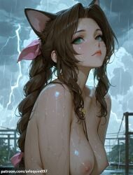 1girl aerith_gainsborough ai_generated animal_ears arlequin097 blush braid braided_ponytail breasts brown_hair cat_ears closed_mouth cloud cloudy_sky extra_ears final_fantasy final_fantasy_vii final_fantasy_vii_remake flower flower_choker green_eyes hair_ribbon kemonomimi_mode lightning lips long_hair looking_at_viewer medium_breasts nipples nose nude outdoors patreon_username pink_ribbon rain ribbon shiny_skin sidelocks sky solo storm upper_body water wet wet_hair