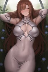 1girl ai_generated armpits arms_up bangs blush braid breasts brown_hair cleavage closed_mouth covered_navel dress elbow_gloves gloves hi_res high_quality high_resolution large_breasts long_hair looking_at_viewer lying patreon seductive see-through sexy smile solo sword_art_online uncensored watermark white_dress yuuki_asuna