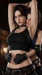 3d ai_generated armpits arms_behind_head arms_up belly_button belt blue_eyes brown_hair child_bearing_hips choker claire_redfield claire_redfield_(jordan_mcewen) exposed_belly exposed_midriff hourglass_figure hourglass_figured_female jill_valentine jill_valentine_(sasha_zotova) long_hair looking_at_viewer medium_breasts ponytail resident_evil resident_evil_3 resident_evil_3_remake resident_evil_code_veronica slim_waist tank_top tied_hair top video_game_character wide_thighs
