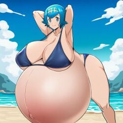 aged_up ai_generated beach beach_background bikini blue_eyes blue_hair hands_behind_head hyper_pregnancy lana_(pokemon) lazybonesai pokemon pokemon_sm pregnant pregnant_belly pregnant_female solo solo_female solo_focus stretching trial_captain trial_captain_lana