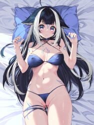 1girls ahoge animated ass_visible_through_thighs bikini blue_hair breasts female_focus female_only gif large_breasts long_hair looping_animation markings on_back orca_girl painted_fingernails painted_nails pillow purple_eyes pussy shylily solo solo_female swimsuit vtuber waterring
