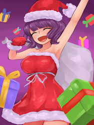 1girls christmas fate/grand_order fate_(series) female hokusai katsushika_hokusai_(fate) large_breasts santa_costume santa_hat short_hair steamingtofu