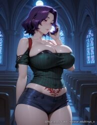 1girl ai_generated arm_behind_back azusa_hamaoka bangs bare_shoulders black_shorts blush breasts cleavage collarbone covered_nipples curvy denim denim_shorts grand_blue green_shirt huge_breasts indoors large_breasts moon night night_sky nyx_x off-shoulder_shirt parted_bangs parted_lips pubic_tattoo purple_eyes purple_hair sensitive shirt short_hair short_shorts shorts skindentation solo standing tattoo thick_thighs thighs window