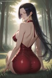 1girl ai_generated ass back bangs bare_shoulders boa_hancock breasts dress earrings forest from_behind grass hi_res high_quality high_resolution jewelry large_breasts lips long_hair looking_at_viewer looking_back nature one_piece parted_bangs patreon patreon_username purple_eyes red_dress seductive sexy sitting smile solo tree uncensored watermark