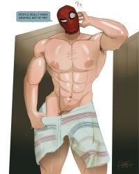 abs armpit armpit_hair bara bara_body bara_tiddies bara_tits big_nipples big_pecs honiibears male male_focus male_only marvel marvel_cinematic_universe mask masked masked_male muscular muscular_male nipples pecs peter_parker solo solo_focus solo_male spider-man spider-man:_brand_new_day spider-man_(series) topless topless_male towel towel_only