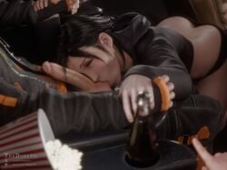 1boy, 1girl, ass, black_eyes, black_hair, black_hoodie black_panties, bottle, erection, fellatio, final_fantasy hetero, hood, hoodie, jacket, oral, panties, penis, solo_focus, thedude911 tifa_lockhart uncensored, underwear,