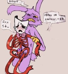 1boy1girl anthro crying dialogue dubcon dubious_consent forced gangle_(the_amazing_digital_circus) gloves jax_(the_amazing_digital_circus) mask nonconsensual purple_body rabbit rape redmango ribbon ribbons straight sweat tadc tears the_amazing_digital_circus
