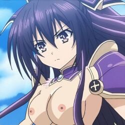 ass_length_hair assault_lily bathing beautiful_female beautiful_woman date_a_live drawn eyebrows_visible_through_hair flying frown_eyebrows frowning fully_naked fully_naked_female fully_nude hair_between_eyes hairless_armpits handdrawn handdrawn_art in_the_sky looking_at_viewer looking_down naked naked_female nipples nude nude_edit nude_female nude_filter outdoors purple_armor purple_hair purple_hair_female serious serious_face serious_look shoulder_armor tits yatogami_tohka