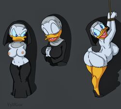 1girls 2021 anatid anseriform anthro ass avian bird bondage bound breasts butt clothed clothing daisy_duck disney duck female fingers hi_res looking_back lying nipple_outline nipples non-mammal_breasts nun on_front open_mouth partially_clothed portrait rear_view religion rope side_boob soft_feathers solo vylfgor white_body