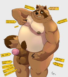 2021 anthro balls belly big_balls black_nipples black_nose booki_(character) brown_body brown_fur canid canine claws english_text erection fur genitals grin hi_res humanoid_genitalia humanoid_hands humanoid_penis male mammal moobs nails neck_tuft nipple_fetish nipple_pinch nipple_play nipples overweight overweight_anthro overweight_male pawpads penis pinch raccoon_dog sato_afroleone simple_background smile solo tan_body tan_fur tanuki text tuft